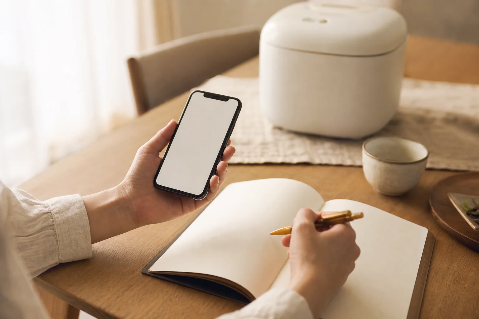 炊飯器の価格をスマートフォンで確認しているイメージ